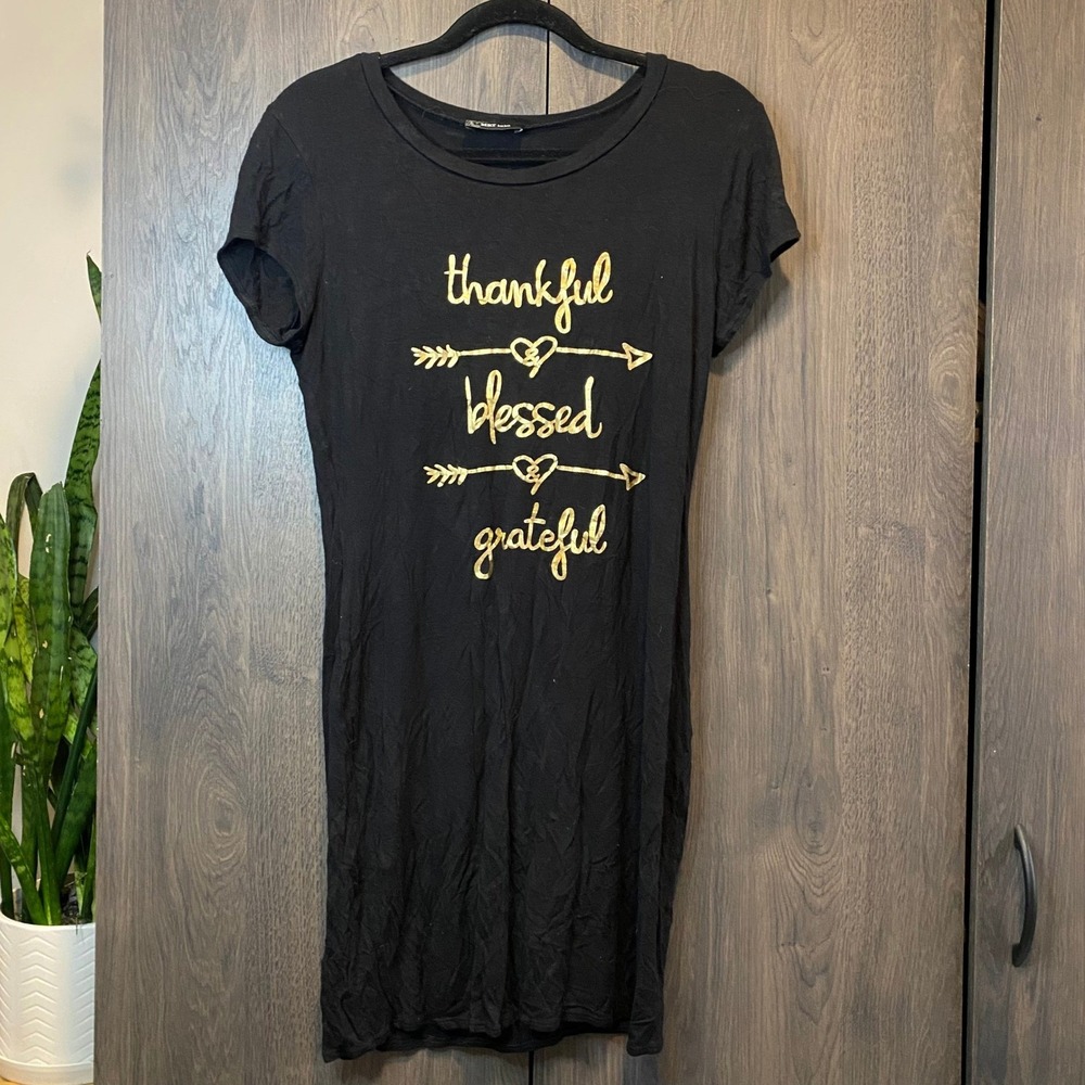MRT 1030 Womens Black Gold Thankful Blessed Grateful‎ Graphic T-Shirt Mini Dress